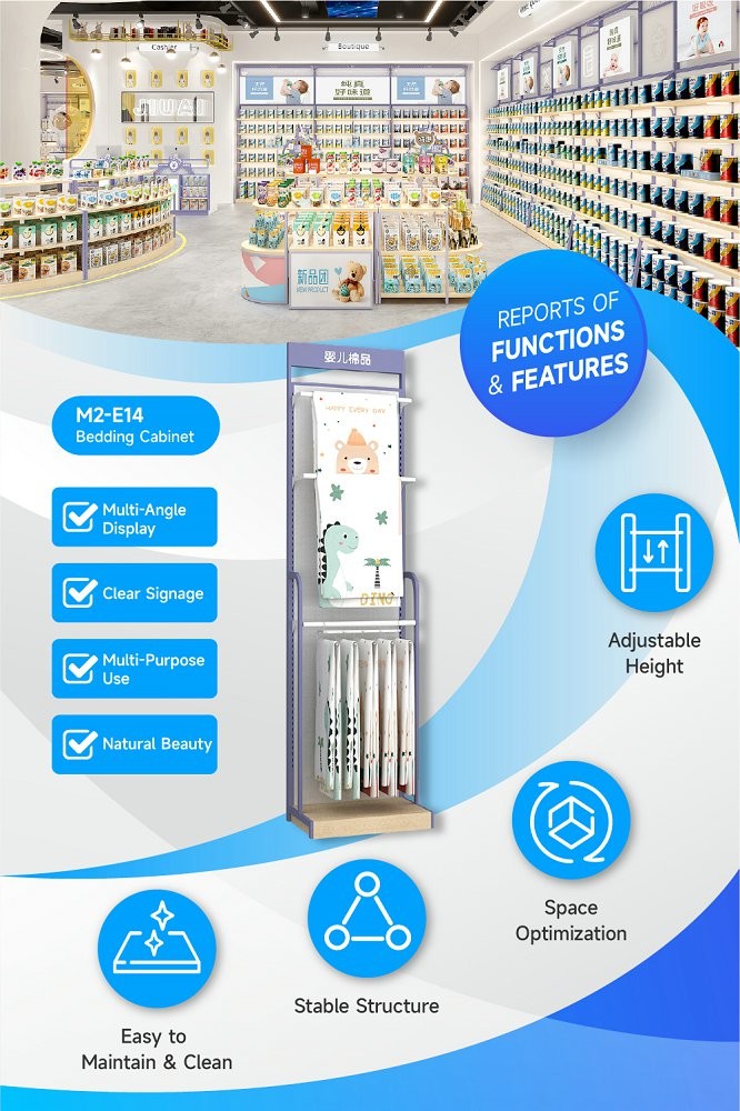 M2-E14 Maternity And Baby Store Bedding Cabinet with White Spray Side Hangers and Adjustable Shelves