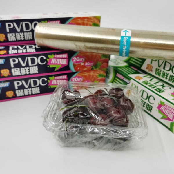 Quality High Barrier PVDC Cling Film Wrapping Easy Attach Food Stretch Wrap Film Roll BPA Free for sale