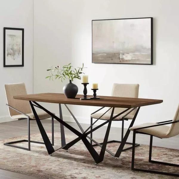 Quality Industrial Design Wood Metal Dining Table Set Black Iron Base Scratching Proof for sale