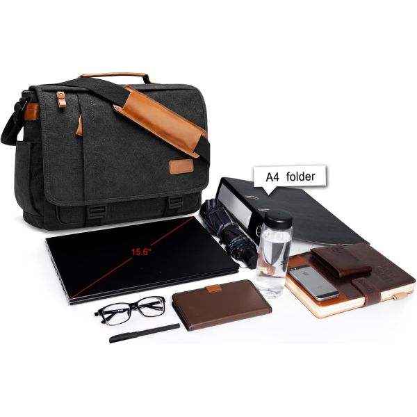 ESTARER MEN MESSENGER BAG 15.6 INCH, WATER-RESISTANT CANVAS COMPUTER BAG WORK BAG, LAPTOP SHOULDER BAG BRIEFCASE SATCHEL