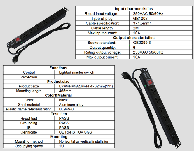 3 Phase Cabinet Power Distribution Unit 482.6mm * 62mm * 44.5mm Aluminum Alloy