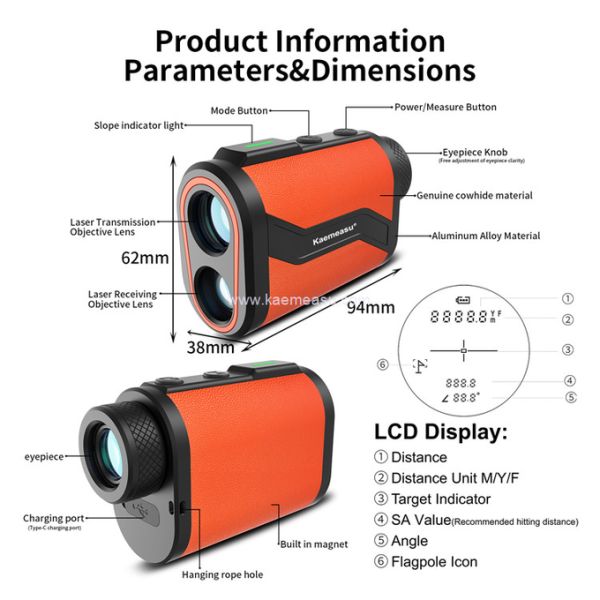 kaemeasu Golf Rangefinder 6.5X Aluminum Leather Shell Laser Range Finder with Flagpole Lock Magnet Function MAL600