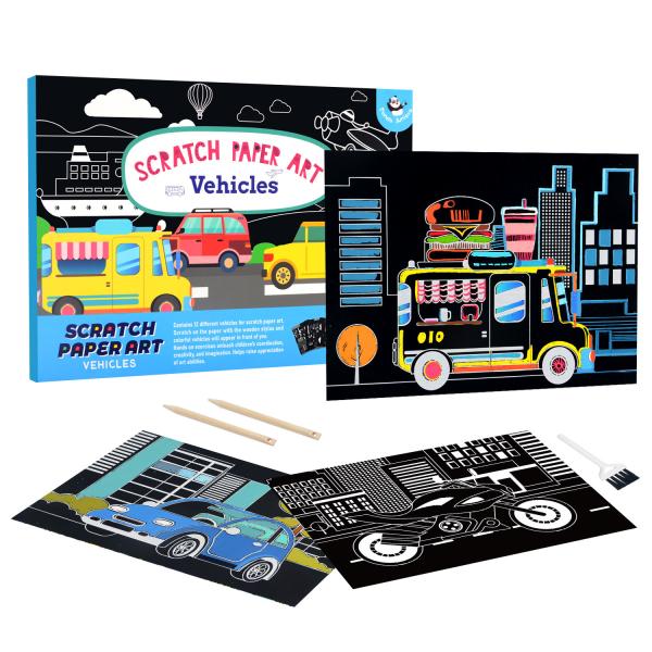Quality 12 Pieces Vehicle Scratch Paper Art Set Colorful Black Drawing Boards for sale