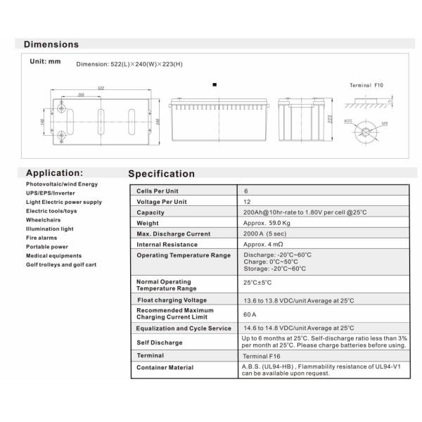 Valve regulated sealed lead acid battery 12V 200Ah, deep cycle lead acid battery for solar
