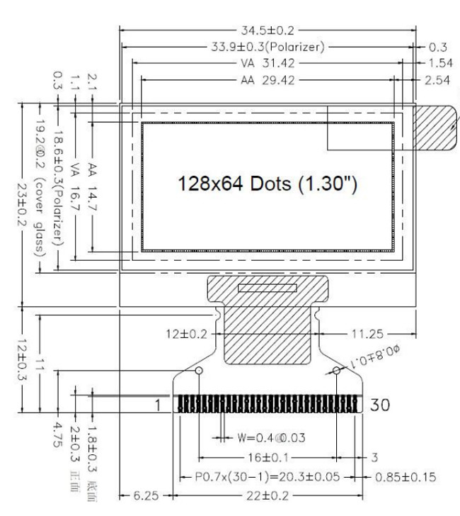 1.3 Inch 128x64 I2C OLED Display 6800 8080 4-SPI Interface 30 Pins