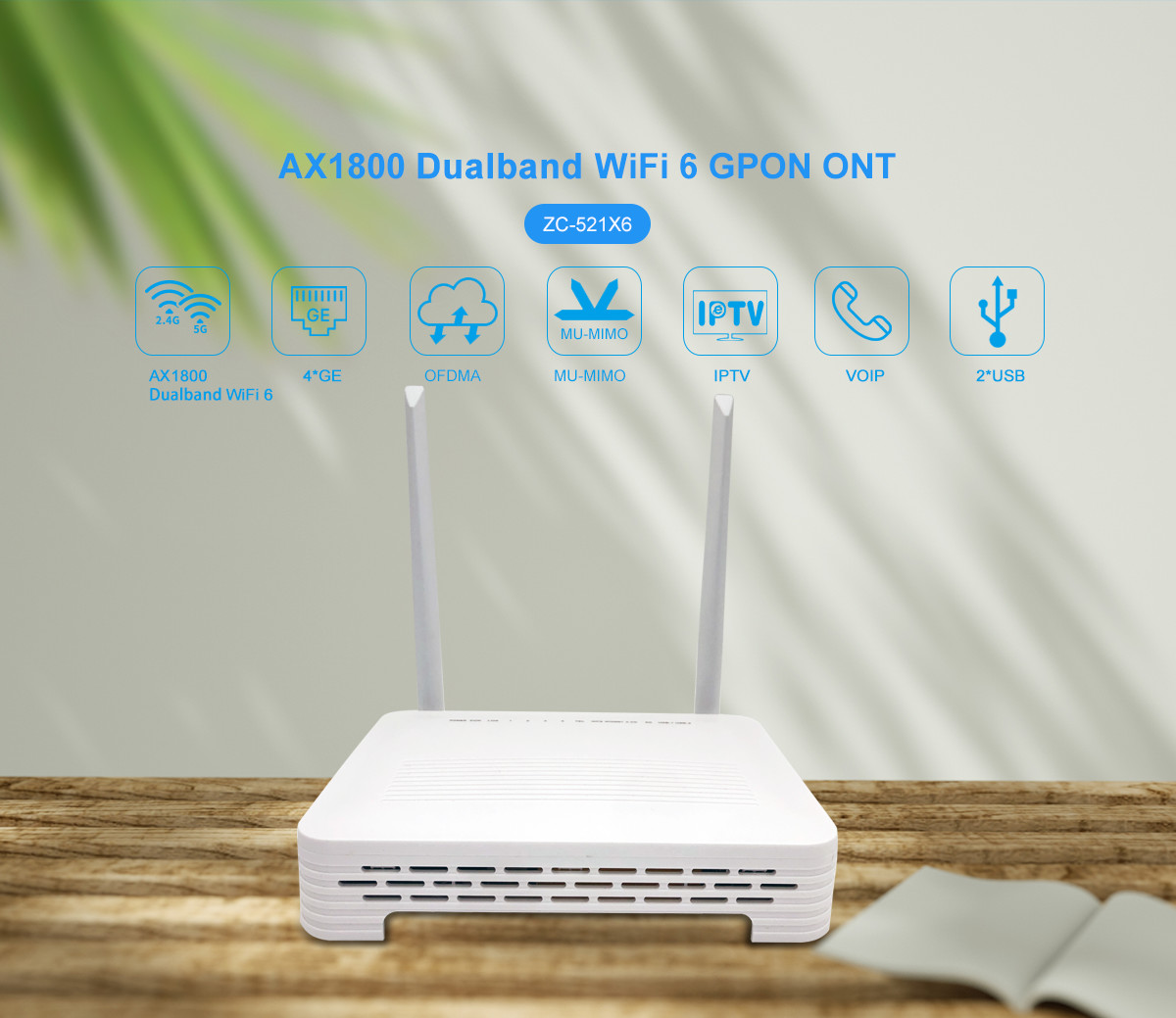 WIFI6 4GE 1POTS 2USB GPON ONU AC2000 5DBi Two External Antenna