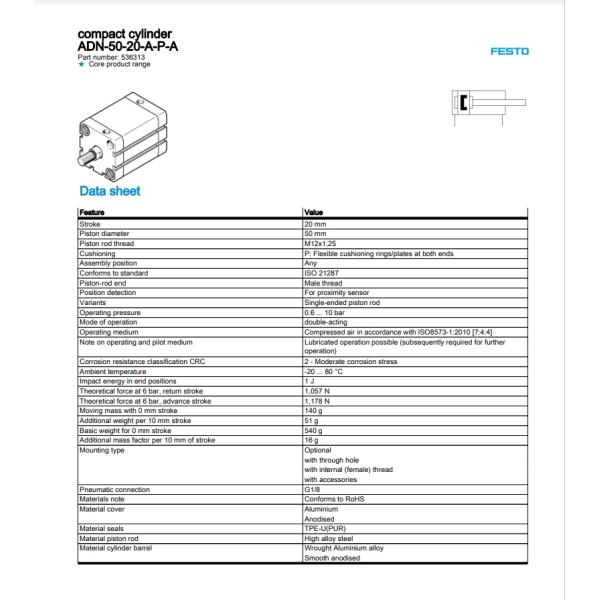 Festo ADN-50-20-A-P-A Compact Cylinder 50 Mm Bore Size Alternate Mfr Part Number 536313 Competitive