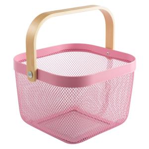 Pink 24cm Cube Wire Storage Basket With Wooden Handle Kitchen Use