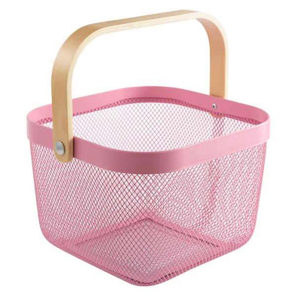 Quality Pink 24cm Cube Wire Storage Basket With Wooden Handle Kitchen Use for sale