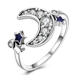 Dainty Star And Crescent Moon Open Ring 925 Sterling Silver For Women Teen Girls Crystal Eternity Rings