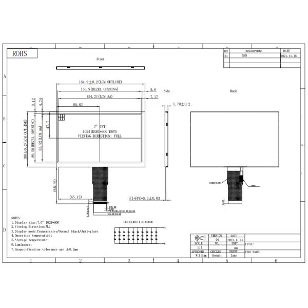 Wide Temperature 7 Inch IPS Screen LCD TFT Display 1024x600 Resolution