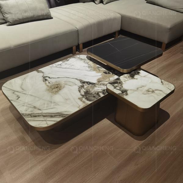 Three In One 120x60x36cm Square Stone Top Coffee Table Wrought Iron Square Table