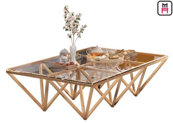 Quality Indoor Tempered Glass Top Stainless Steel Coffee Table With Triangle Geometrical Base for sale