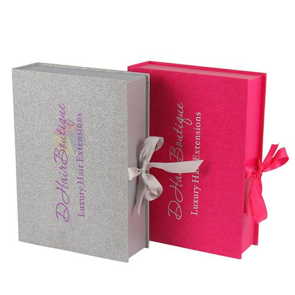 Foil Logo Silver Glitter Paper Custom Wig Packaging Boxes Luxury With Ribbon Closure