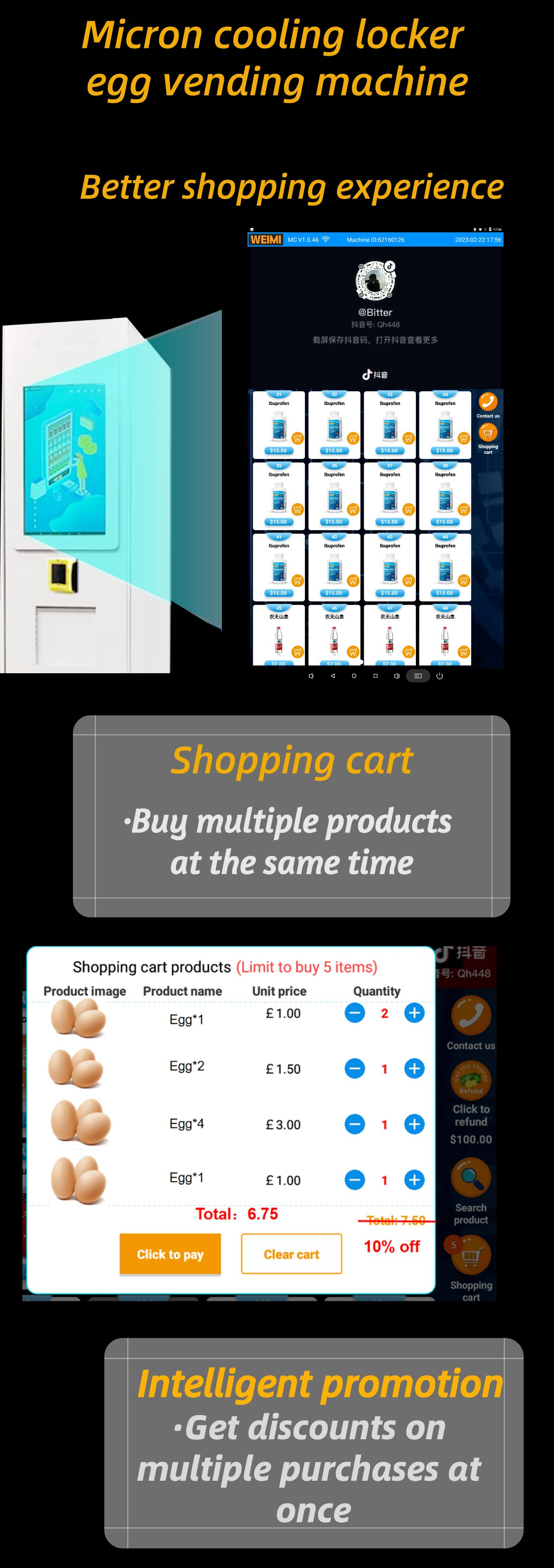 weimi egg vending machine with lockers, we can put eggs in the lockers so that egg won't broken.
