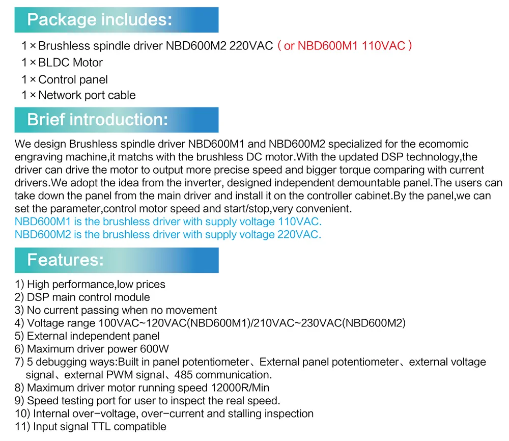 600W ER11 CNC Spindle Motor Kit With DBD600M2 BLDC Brushless Driver