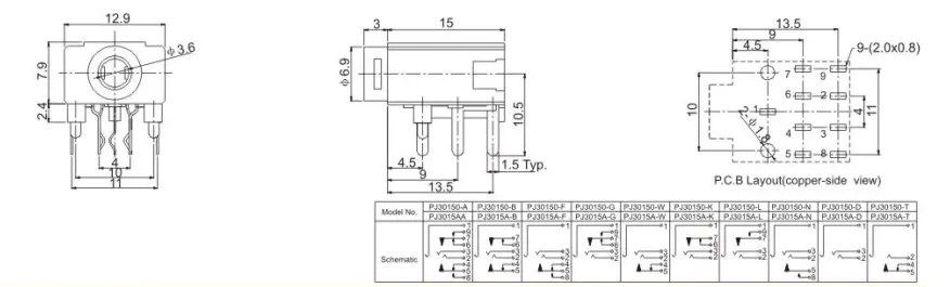 Pcb Mount 8 Pin Terminals Female 3.5 Audio Jack Socket Black