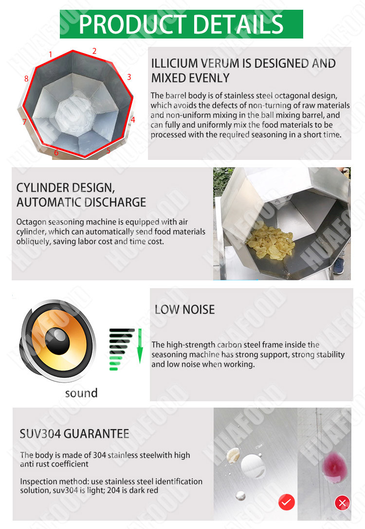 Octagonalautomatic Snacks Making Machine , Drum Potato Chip Seasoning Machine