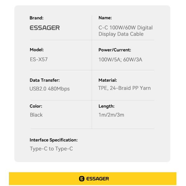 ESSAGER ES-X57 Series 60W 100W USB C Fast Charging Cable Type C