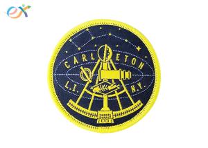 Buy cheap Woven Logo Polyester Fabric Patch , Round Shape Merrowed Edge Patch Paper Coated Back product