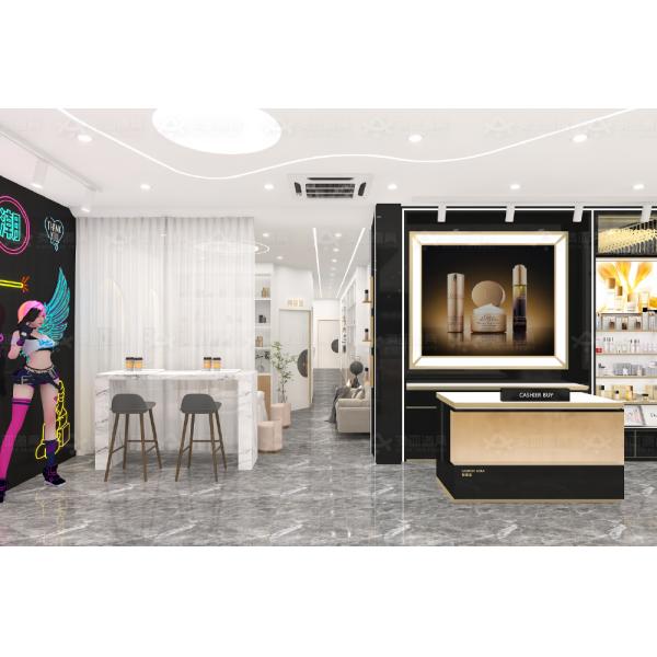 Beauty Shop Interior Design Black Gold Laminated Board Cosmetic Display Rack for Retail Store Display and Skincare Shop Decoration