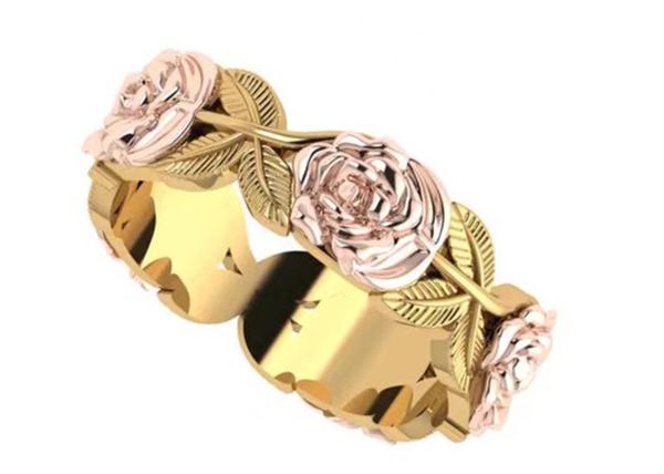 Quality 14K Tri Color Flower And Leaf Engagement Ring Thickness 2mm Width 6mm for sale