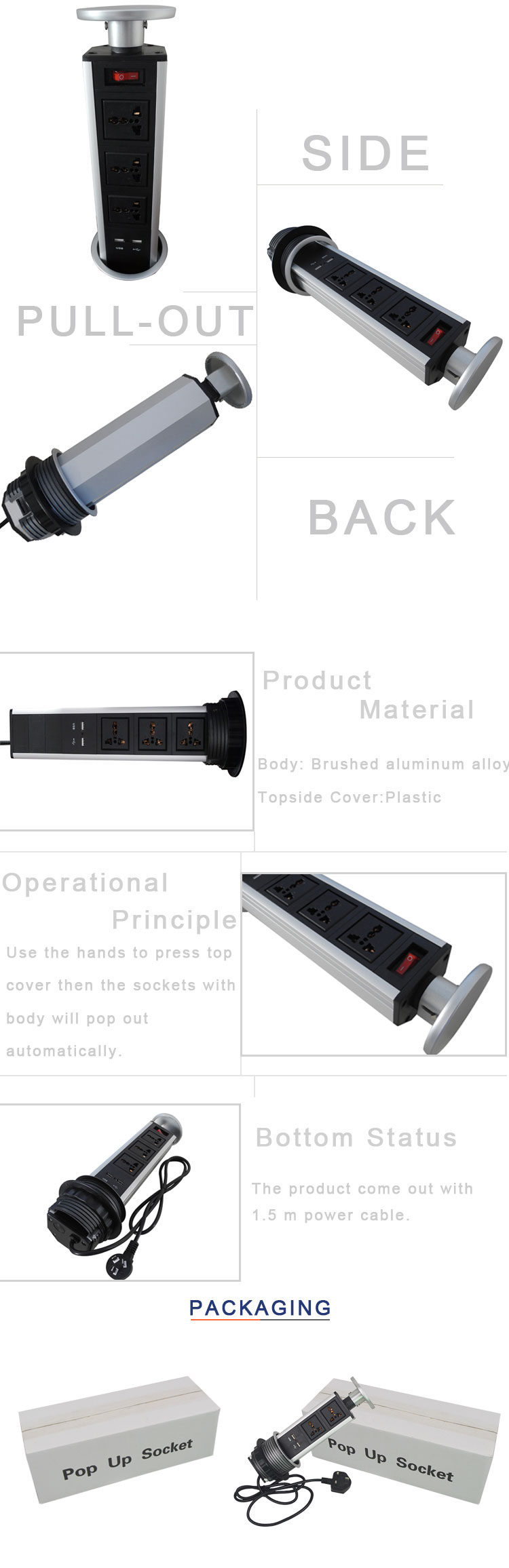 Kitchen Vertical Pop Up Power Socket with USB Charger