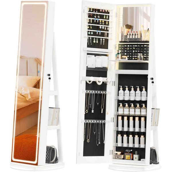 LED Full Length Mirror Jewelry Cabinet Dimmable Standing Mirror Jewelry Box Lockable