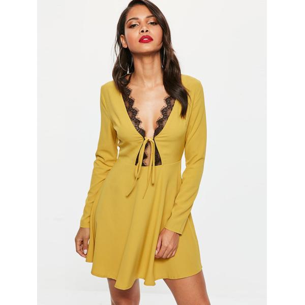 Sexy Mature Elegant Deep V Neck Mini Dress With Lace