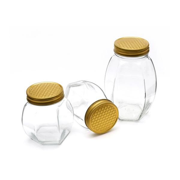 Glass Jam Bottle Hexagon Glass Honey Jars With Twist Off Golden Lid