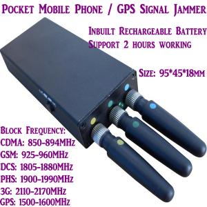 China 3 Antenna Mini Mobile Phone Signal Jammer 3G/GSM/CDMA/DCS/PHS GPS Blocker Inbuilt Battery on sale
