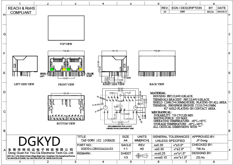 DGKYD112B002AA2A1D3 Rj45 Socket 1x2 Port 8P8C 100M Integrated Filter Connector Shielded Socket With LED Light