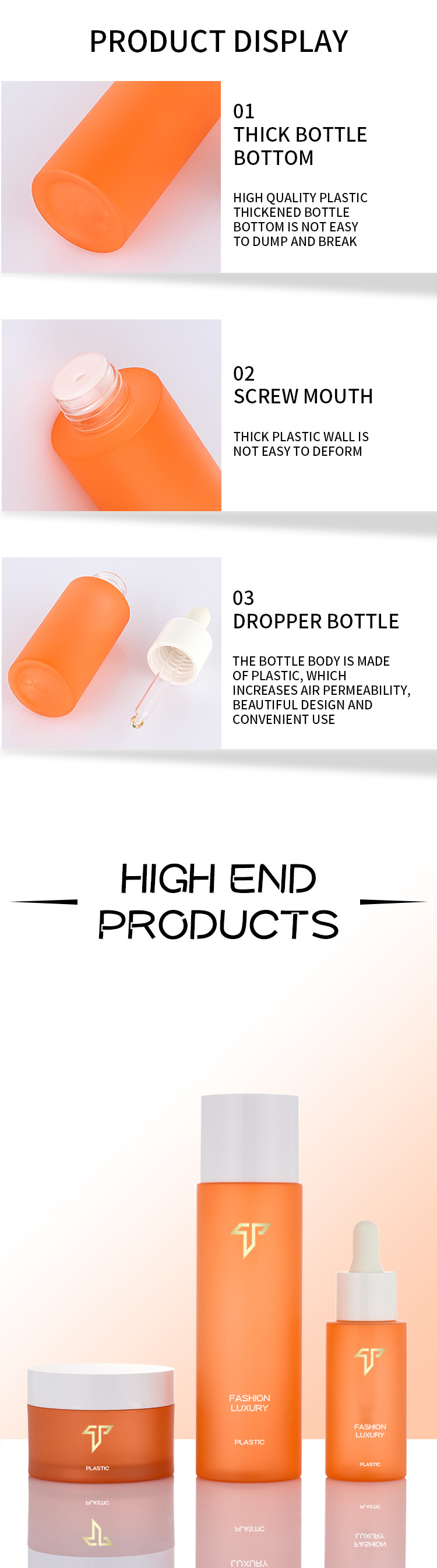 Customzed private label orange cosmetics set screw cap dropper bottle empty jar