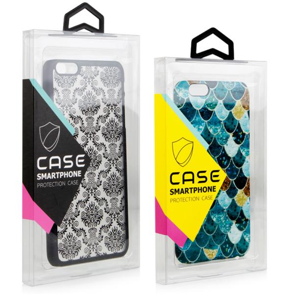 Transparent PET Packaging Box With Printed Sticker For Phone Case With Plastic Hook