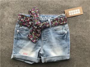 China Popular Light Wash Denim Shorts / Stretchy Jean Shorts With Printed Woven Fabric Belt on sale