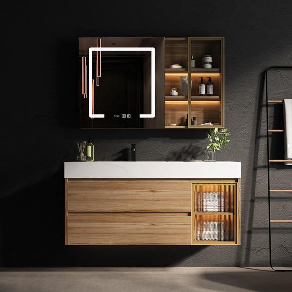Quality Rectangle Floating Bathroom Cabinet Solid Wood LED Mirror Vanity for sale