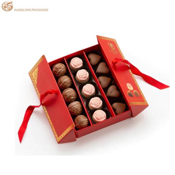 Custom Print Logo Double Door Chocolate Boxes Red Chocolate Packaging Box Wedding Favor Gift Boxes With Ribbon Closure