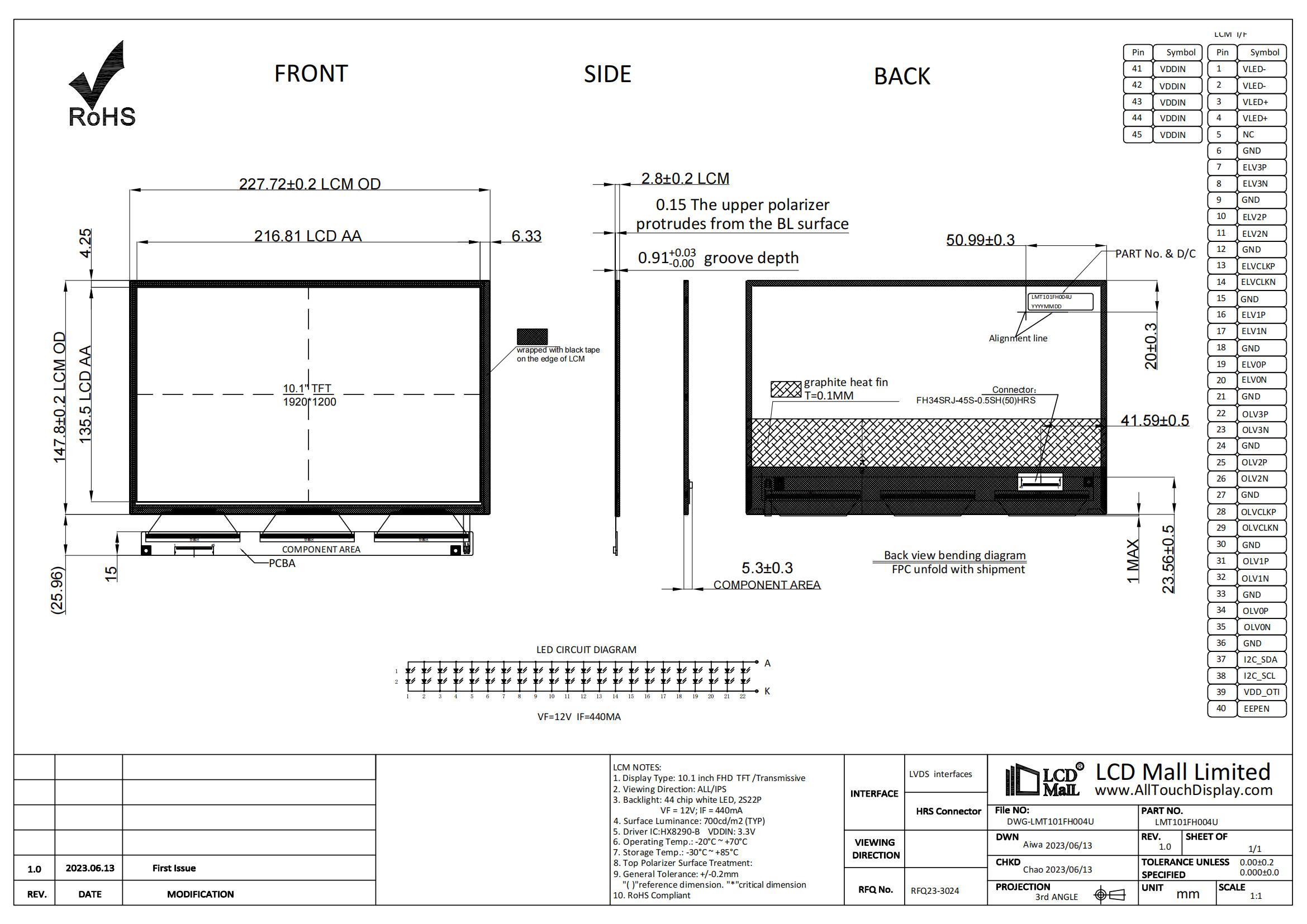 LCD Mall 1920*1200 IPS 10.1'' TFT LCD Display Module 700nits Brightness Panel Customized