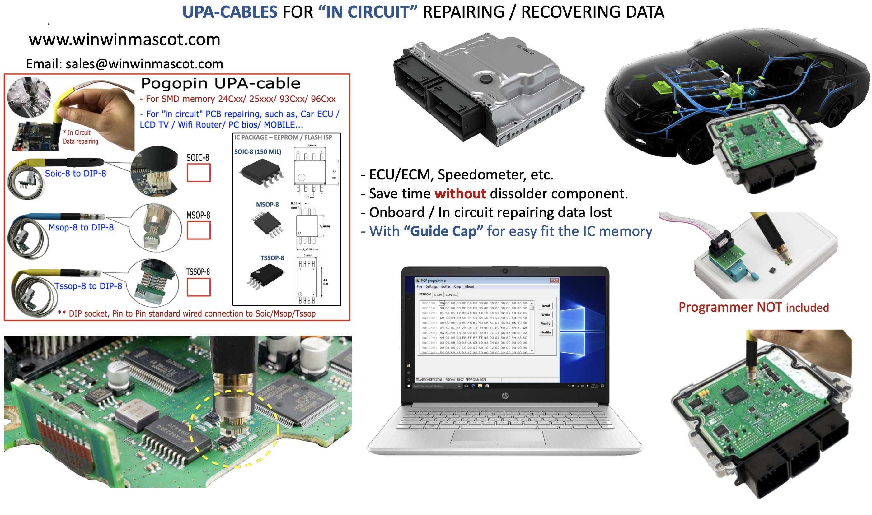 UPA cable SOIC 8 POGO PIN ADAPTER with guide cap for EEPROM/ FLASH memories in circuit on board data repairing