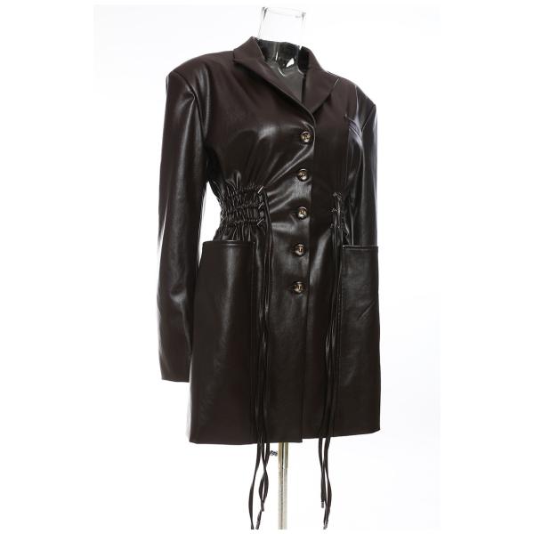 Breathable Women Fashion Drawstring Oversized Midi Winter Pockets Long Leather Jacket Coat PU Jackets