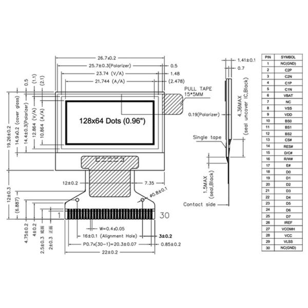 0.96 SPI OLED Display Module 30 Pin 128x64 Driver IC SSD1306