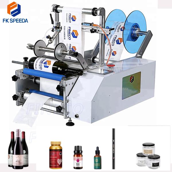 Quality Wooden Packaging FK603 Tabletop Semi Automatic Square Plastic Round Bottle Labeling Machine With Ribbon Coding for sale