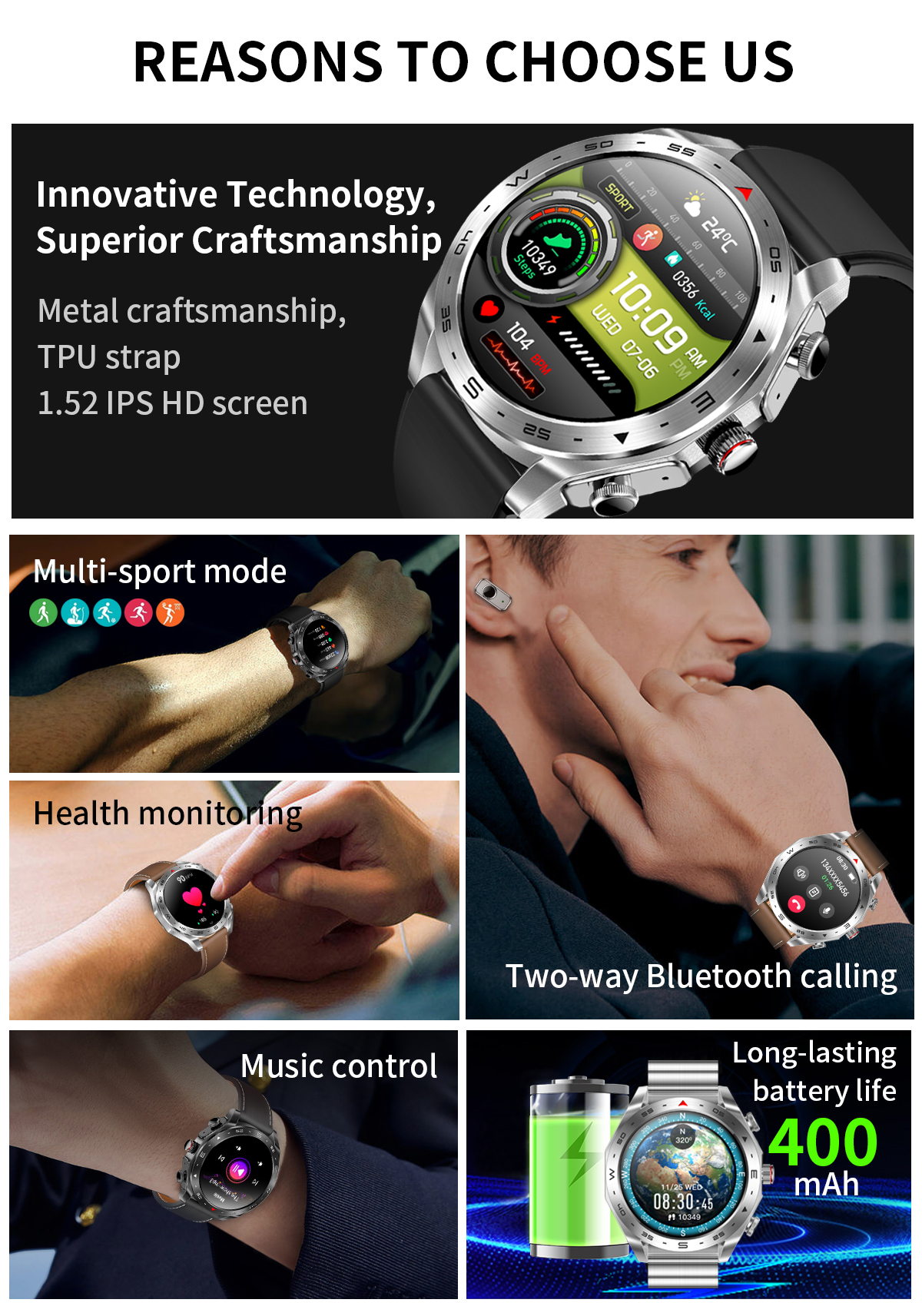 IPS Screen IP67 Waterproof Wireless Earphone Smart Watch Music Bracelet 1.52 Quot
