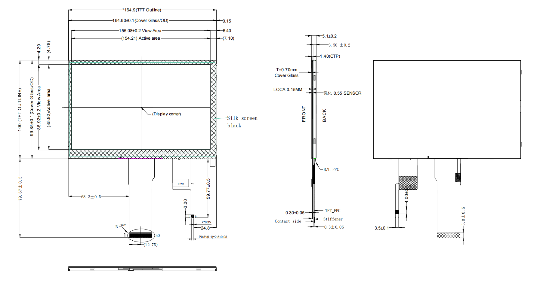 7 inch 1024X600 IPS TFT LCD Display RGB 50 Pin With Capacitive Touch Screen