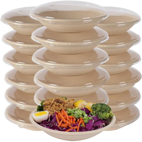 24OZ Round Disposable Bowls With PET Lids, Bamboo Fiber Paper Bowls Take Away Food Containers Eco-Friendly Plant