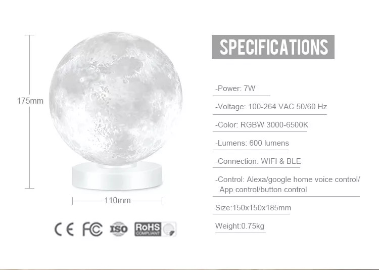 Glomarket Tuya Smart WiFi LED Light 3D Print Moon Light Dual Mode Dimmable