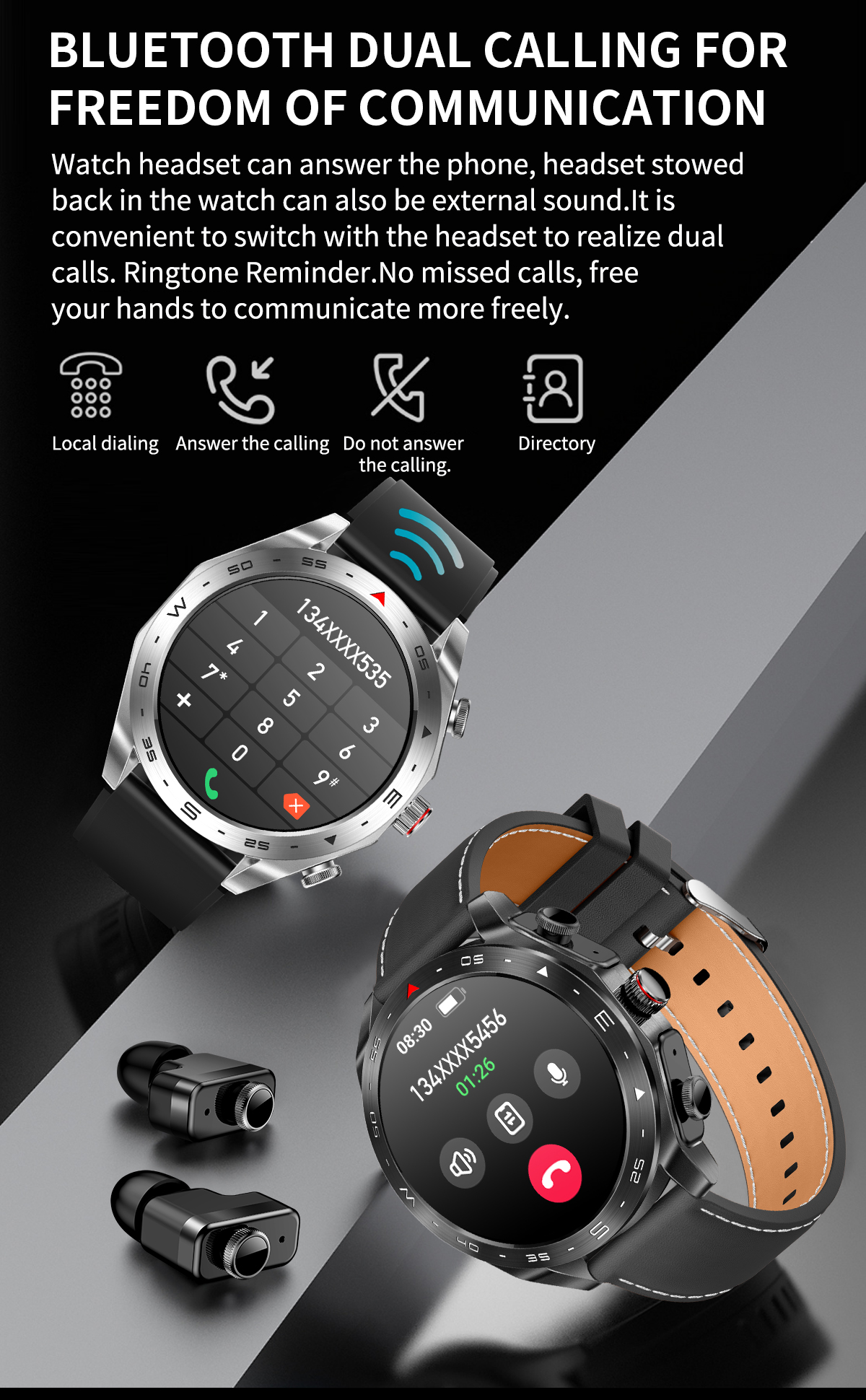 IPS Screen IP67 Waterproof Wireless Earphone Smart Watch Music Bracelet 1.52 Quot