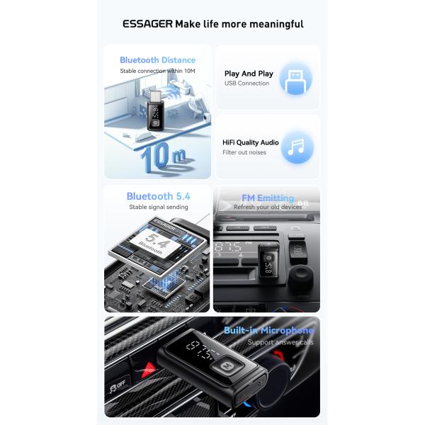 Bluetooth 5.4 FM Car Adapter with 10m Range USB-A