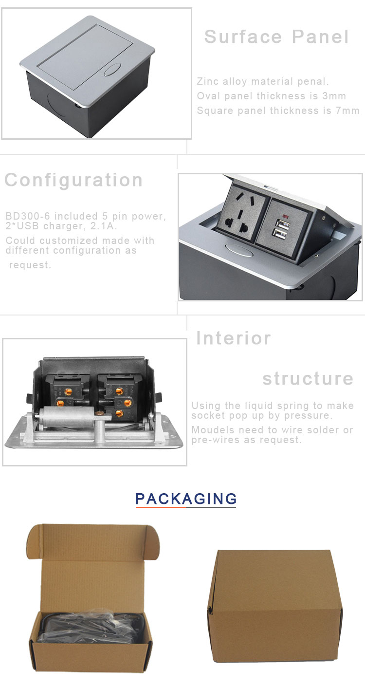 Factory customized intelligent power supply table pop up socket box with usb charger