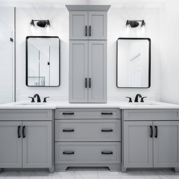 Wooden Floor Mounted Lacquer Bathroom Vanity Units Light Grey Shaker 72 Inch Double Mirror